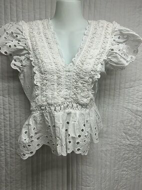 White Eyelet Peplum Blouse with V-Neck and Ruching